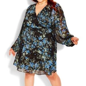 City Chic Blue Ditsy Floral Long Sleeve Dress Large US Plus Size 20 Black M
